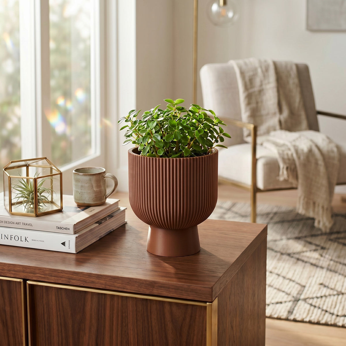 Sereno Ribbed Pedestal Planter, Modern Indoor Plant Pot with Drainage, Minimalist Home Decor