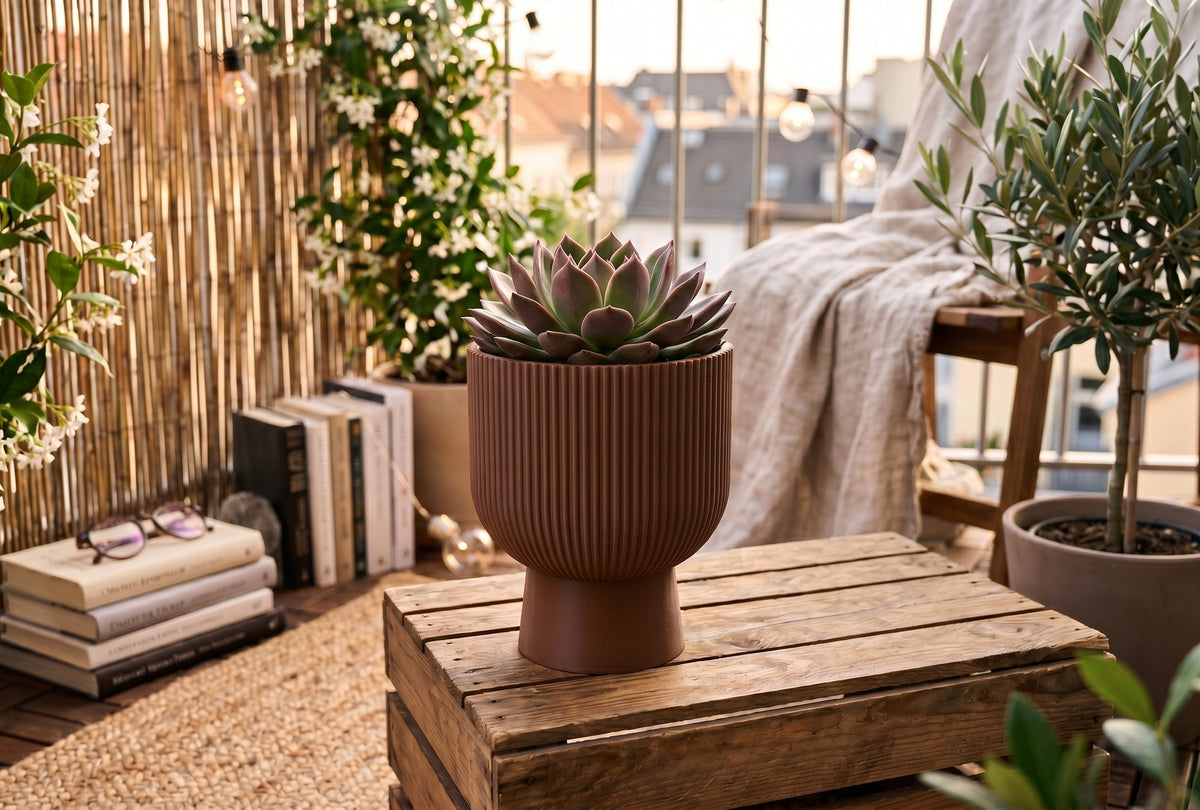 Sereno Ribbed Pedestal Planter, Modern Indoor Plant Pot with Drainage, Minimalist Home Decor