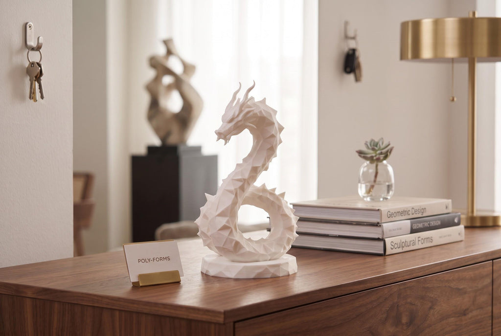 Low Poly Dragon Sculpture, Coiled Geometric 3D-Printed Fantasy Decor