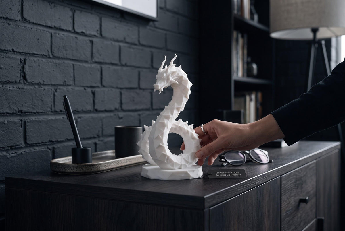 Low Poly Dragon Sculpture, Coiled Geometric 3D-Printed Fantasy Decor