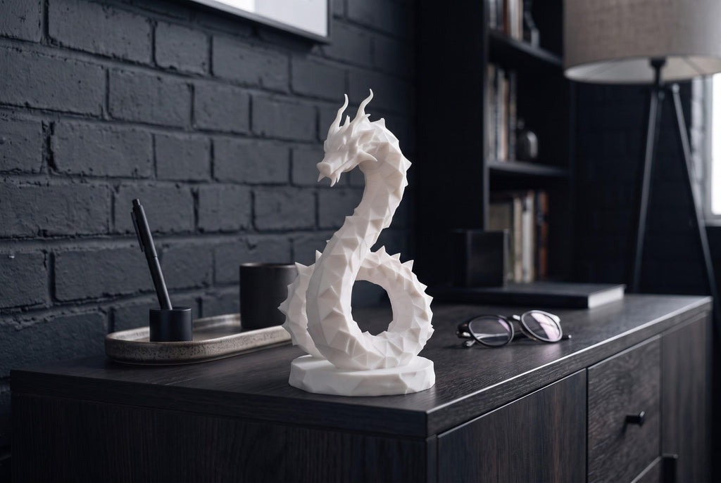 Low Poly Dragon Sculpture, Coiled Geometric 3D-Printed Fantasy Decor