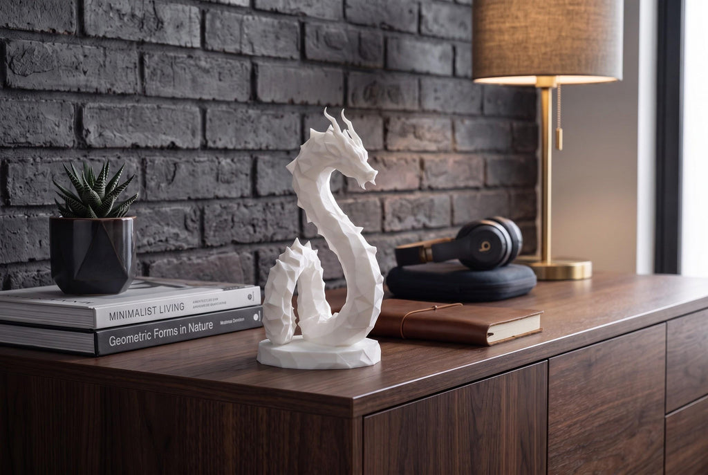 Low Poly Dragon Sculpture, Coiled Geometric 3D-Printed Fantasy Decor