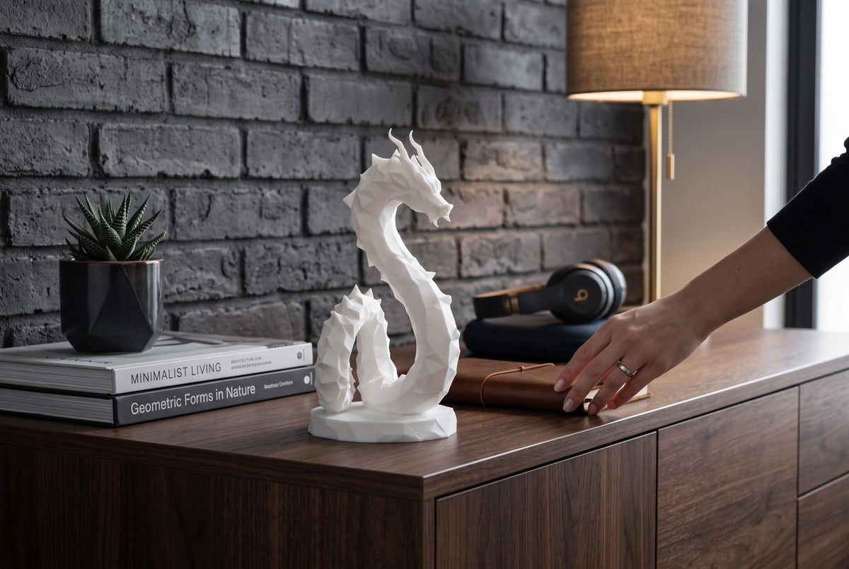 Low Poly Dragon Sculpture, Coiled Geometric 3D-Printed Fantasy Decor
