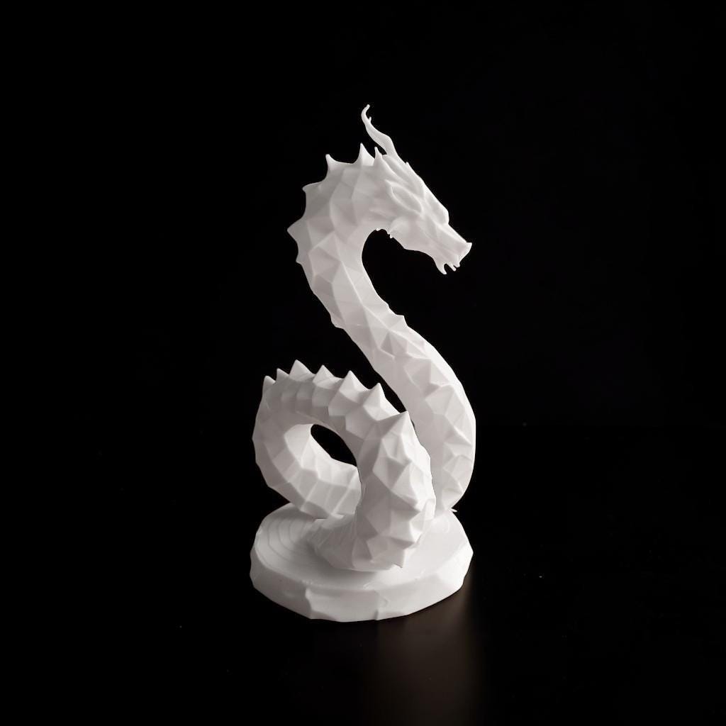 Low Poly Dragon Sculpture, Coiled Geometric 3D-Printed Fantasy Decor