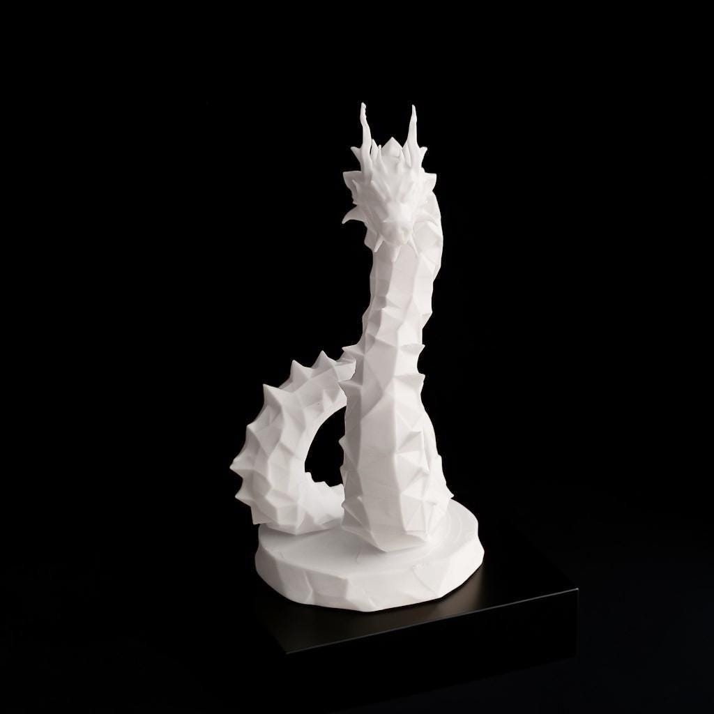 Low Poly Dragon Sculpture, Coiled Geometric 3D-Printed Fantasy Decor