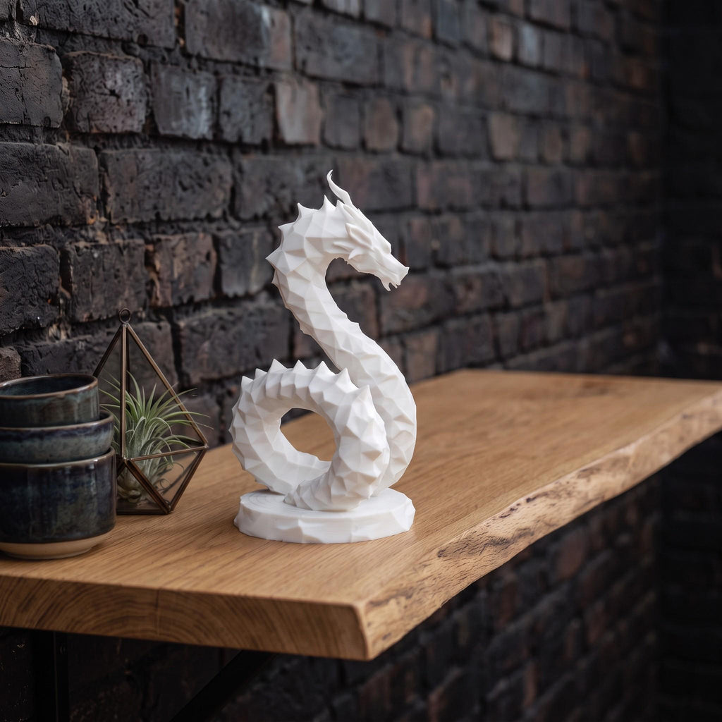 Low Poly Dragon Sculpture, Coiled Geometric 3D-Printed Fantasy Decor