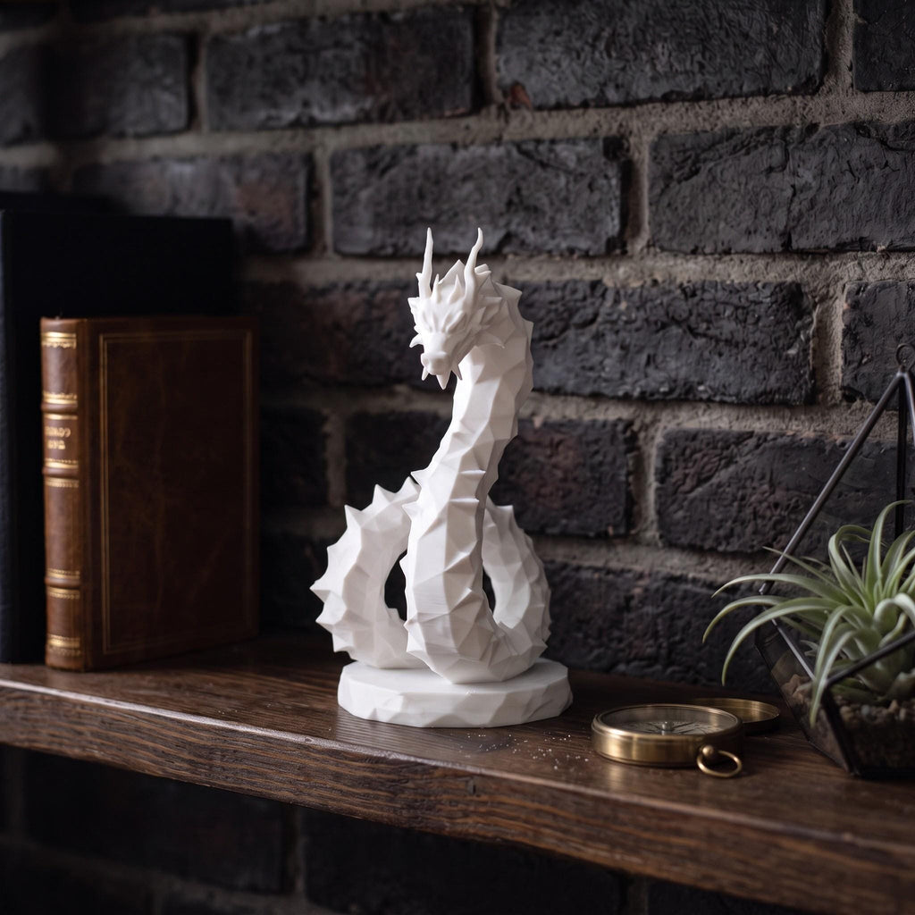 Low Poly Dragon Sculpture, Coiled Geometric 3D-Printed Fantasy Decor