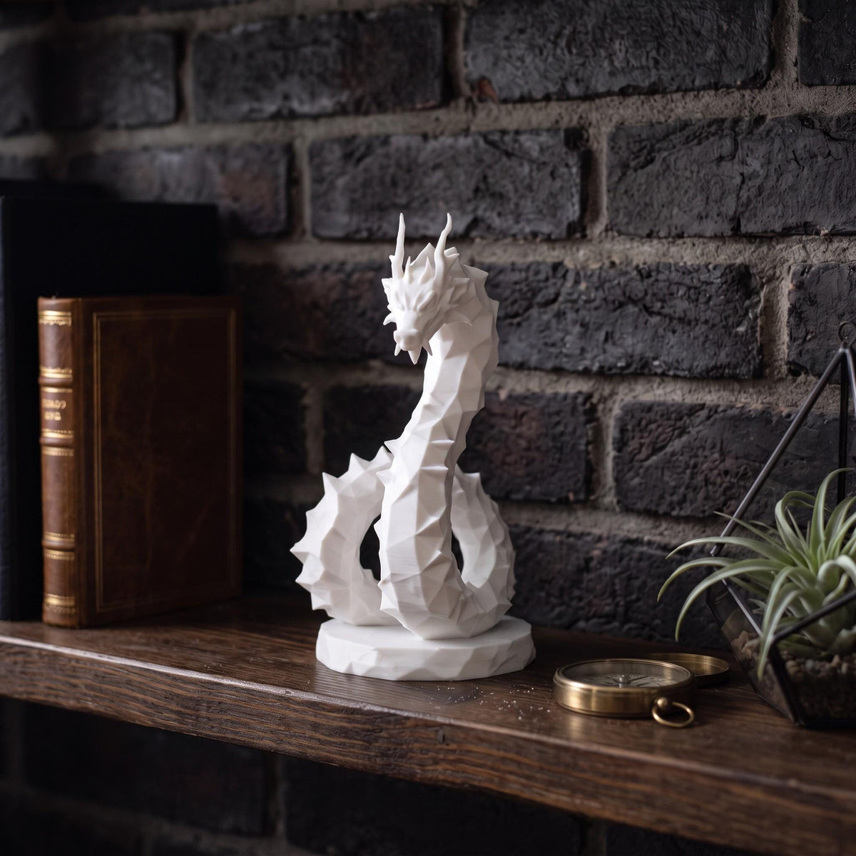 Low Poly Dragon Sculpture, Coiled Geometric 3D-Printed Fantasy Decor