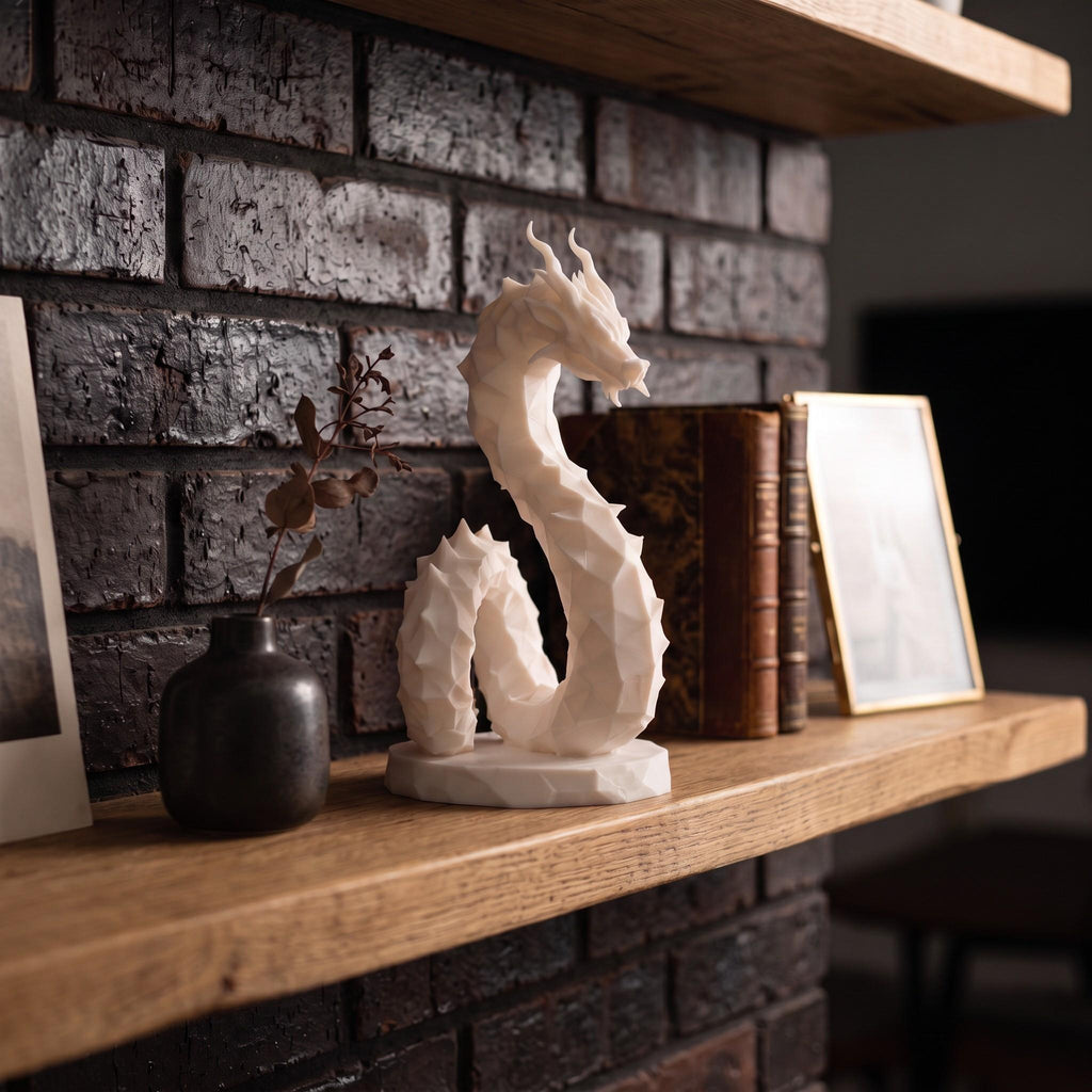 Low Poly Dragon Sculpture, Coiled Geometric 3D-Printed Fantasy Decor