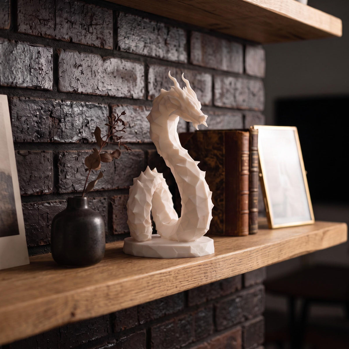 Low Poly Dragon Sculpture, Coiled Geometric 3D-Printed Fantasy Decor