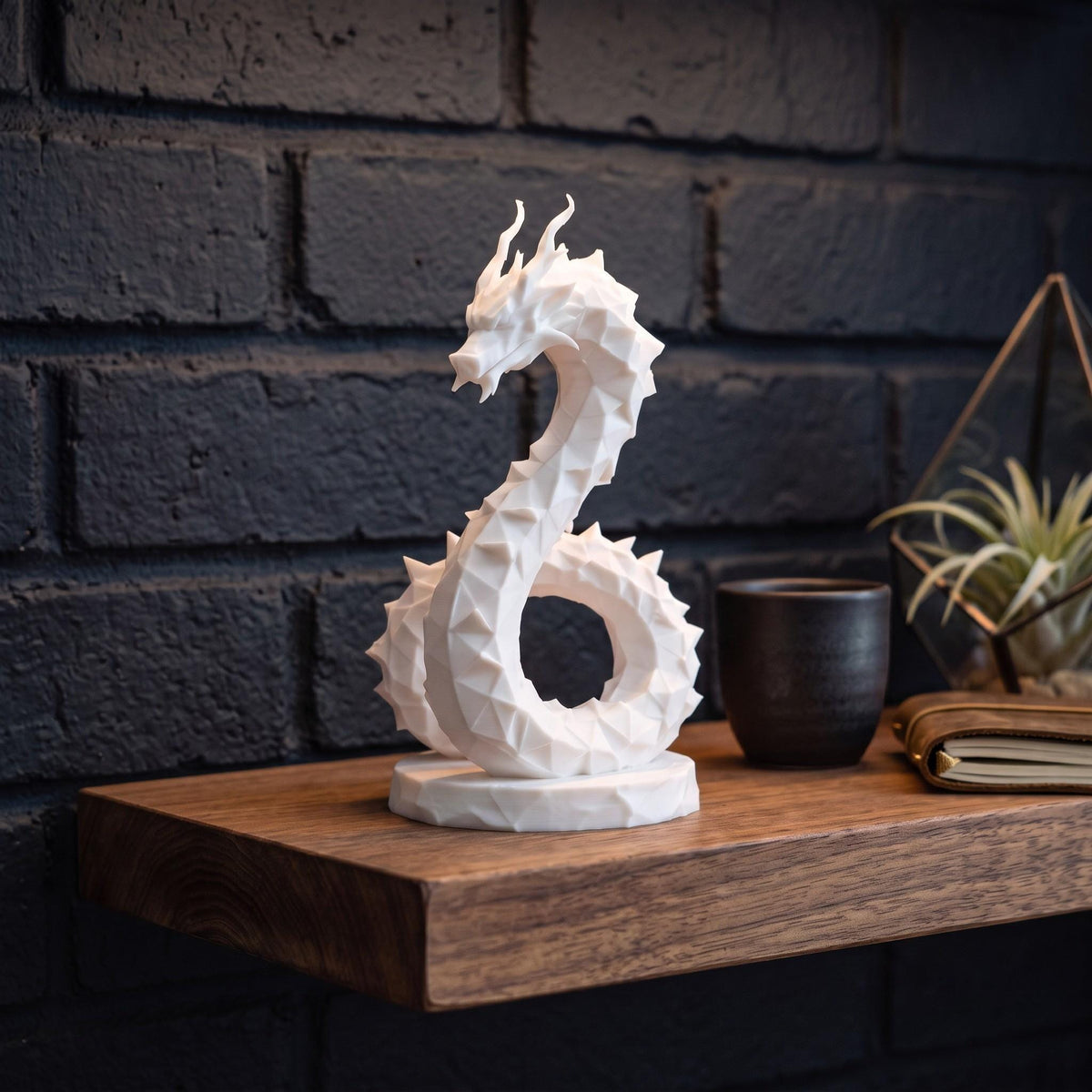 Low Poly Dragon Sculpture, Coiled Geometric 3D-Printed Fantasy Decor