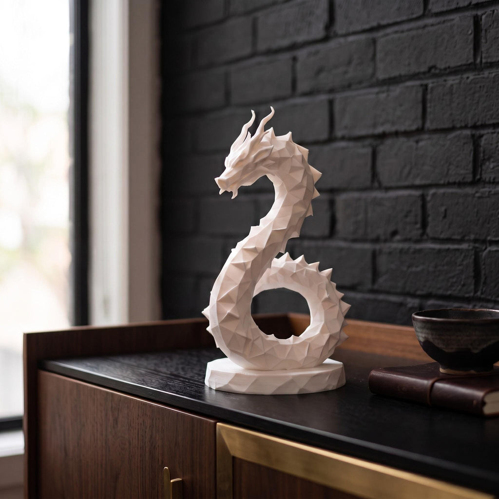 Low Poly Dragon Sculpture, Coiled Geometric 3D-Printed Fantasy Decor