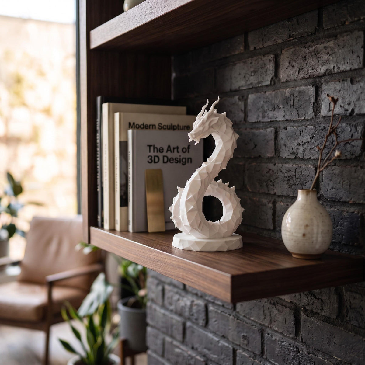 Low Poly Dragon Sculpture, Coiled Geometric 3D-Printed Fantasy Decor