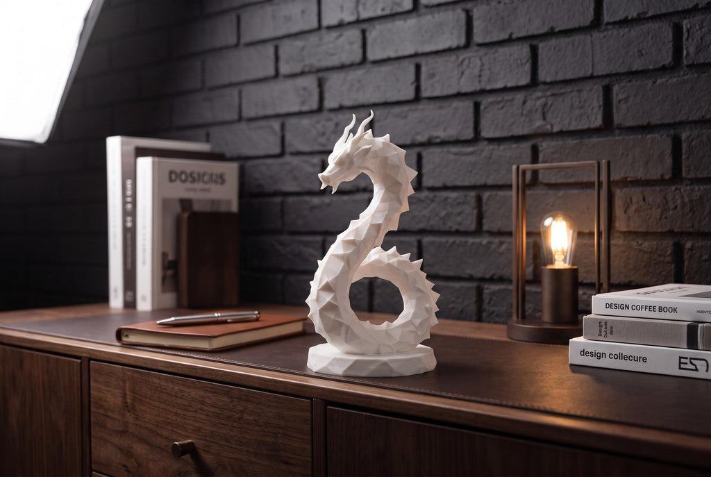 Low Poly Dragon Sculpture, Coiled Geometric 3D-Printed Fantasy Decor