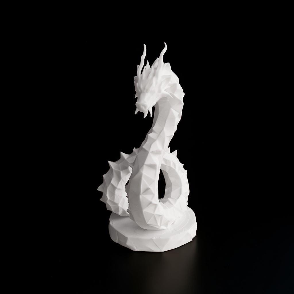 Low Poly Dragon Sculpture, Coiled Geometric 3D-Printed Fantasy Decor