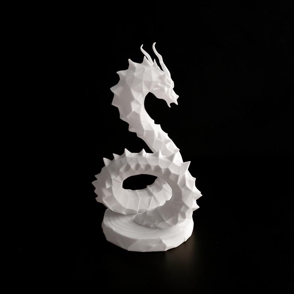 Low Poly Dragon Sculpture, Coiled Geometric 3D-Printed Fantasy Decor
