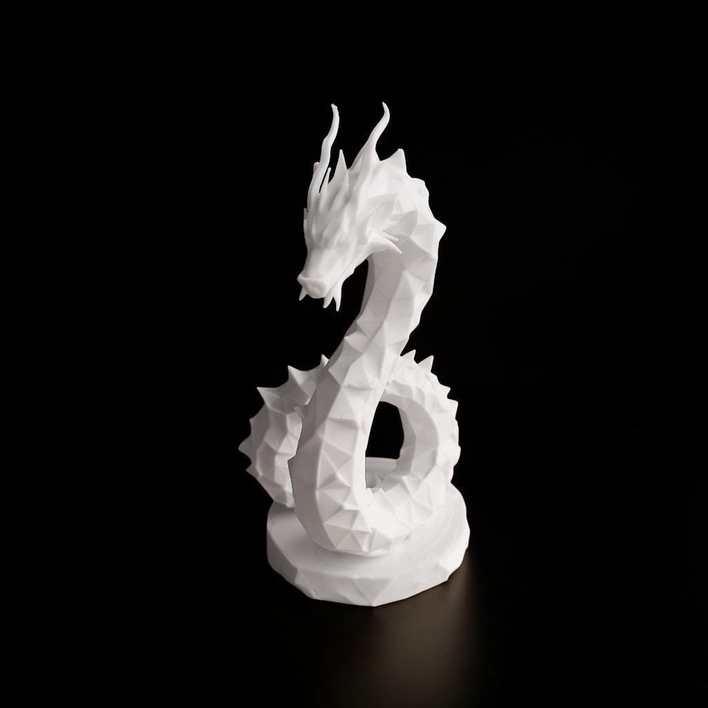 Low Poly Dragon Sculpture, Coiled Geometric 3D-Printed Fantasy Decor