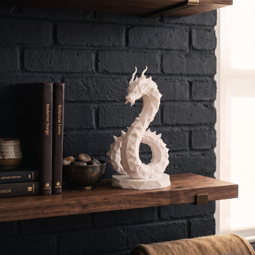 Low Poly Dragon Sculpture, Coiled Geometric 3D-Printed Fantasy Decor
