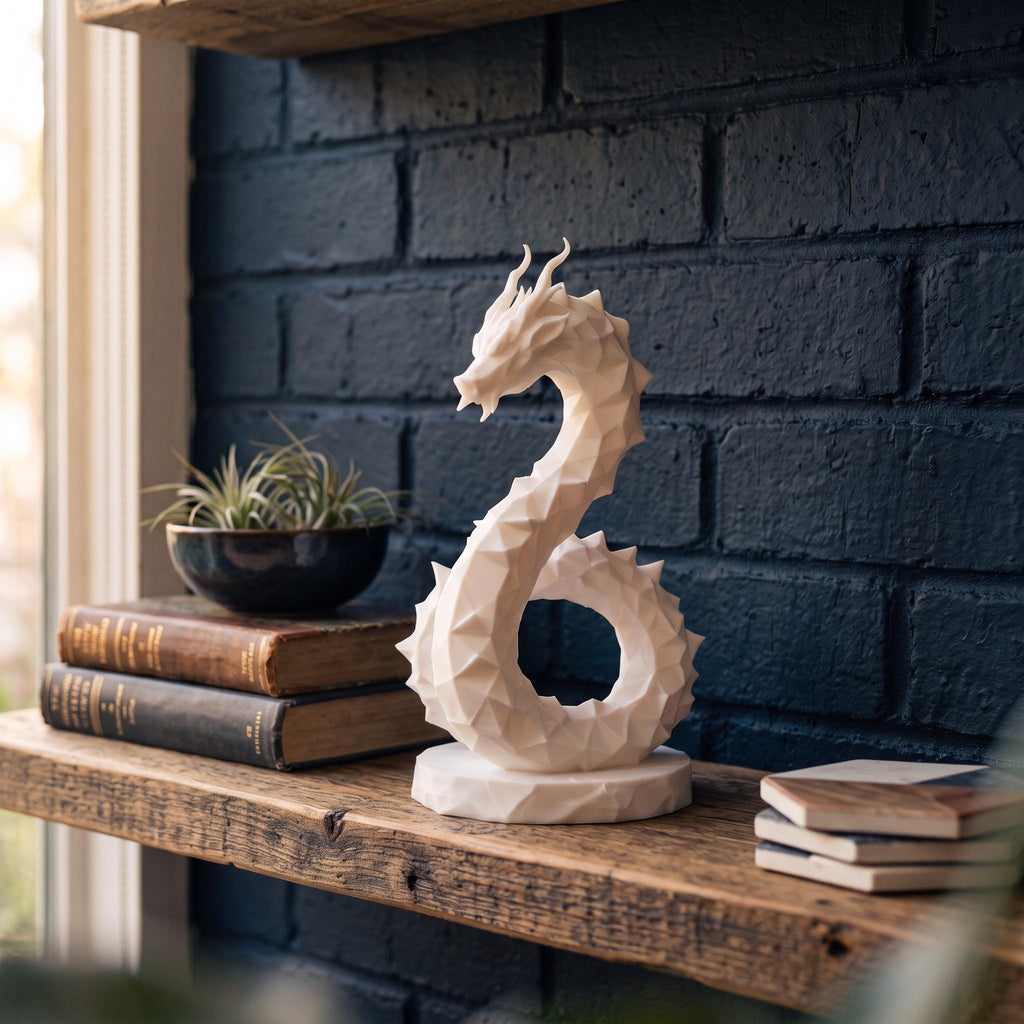 Low Poly Dragon Sculpture, Coiled Geometric 3D-Printed Fantasy Decor