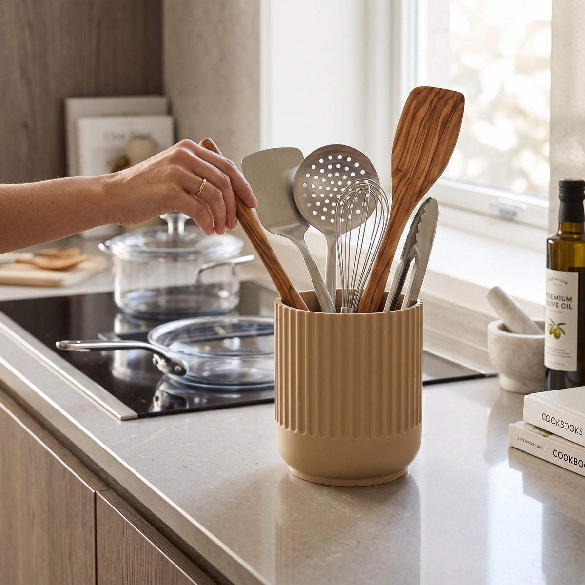 Japandi Kitchen Utensil Holder, 3D Printed PLA Countertop Caddy, Modern Kitchen Organizer