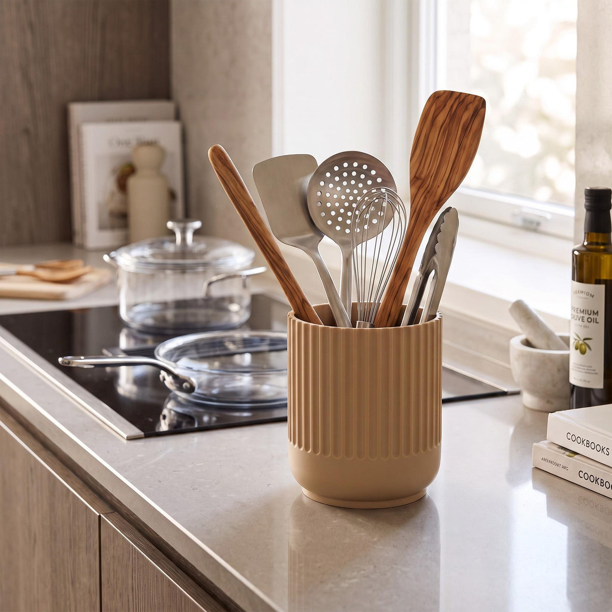 Japandi Kitchen Utensil Holder, 3D Printed PLA Countertop Caddy, Modern Kitchen Organizer