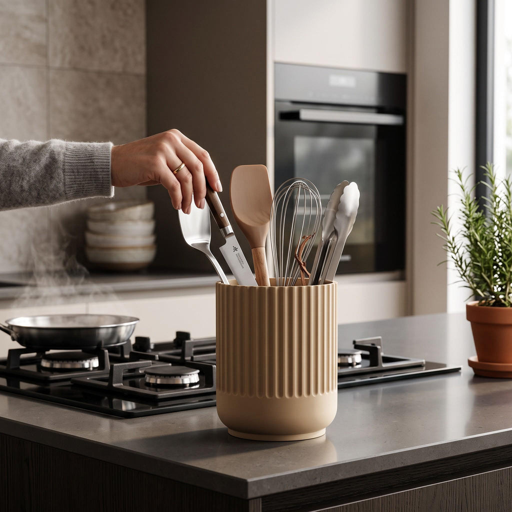 Japandi Kitchen Utensil Holder, 3D Printed PLA Countertop Caddy, Modern Kitchen Organizer