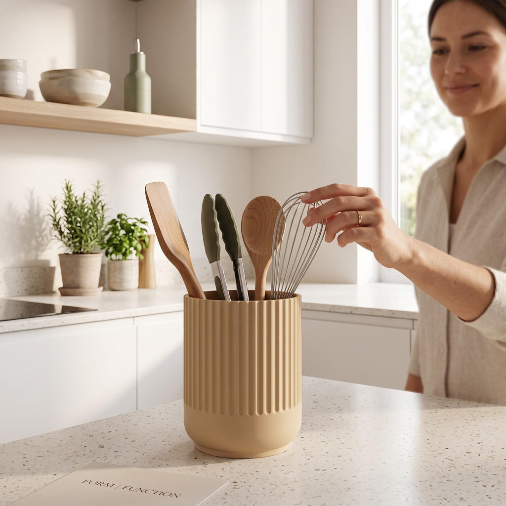 Japandi Kitchen Utensil Holder, 3D Printed PLA Countertop Caddy, Modern Kitchen Organizer