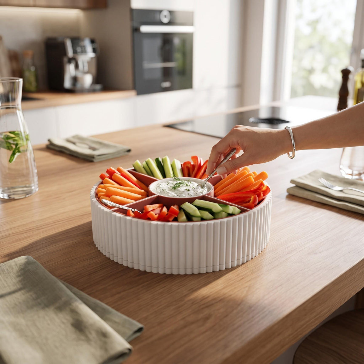 360 Rotating Ribbed Snack Tray, 4 Removable Bowls, Modern Organizer (3D Printed)