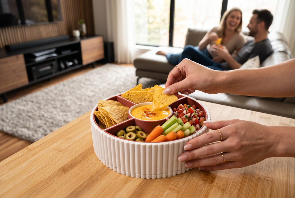 360 Rotating Ribbed Snack Tray, 4 Removable Bowls, Modern Organizer (3D Printed)