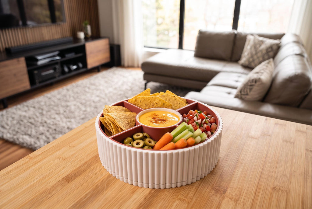 360 Rotating Ribbed Snack Tray, 4 Removable Bowls, Modern Organizer (3D Printed)