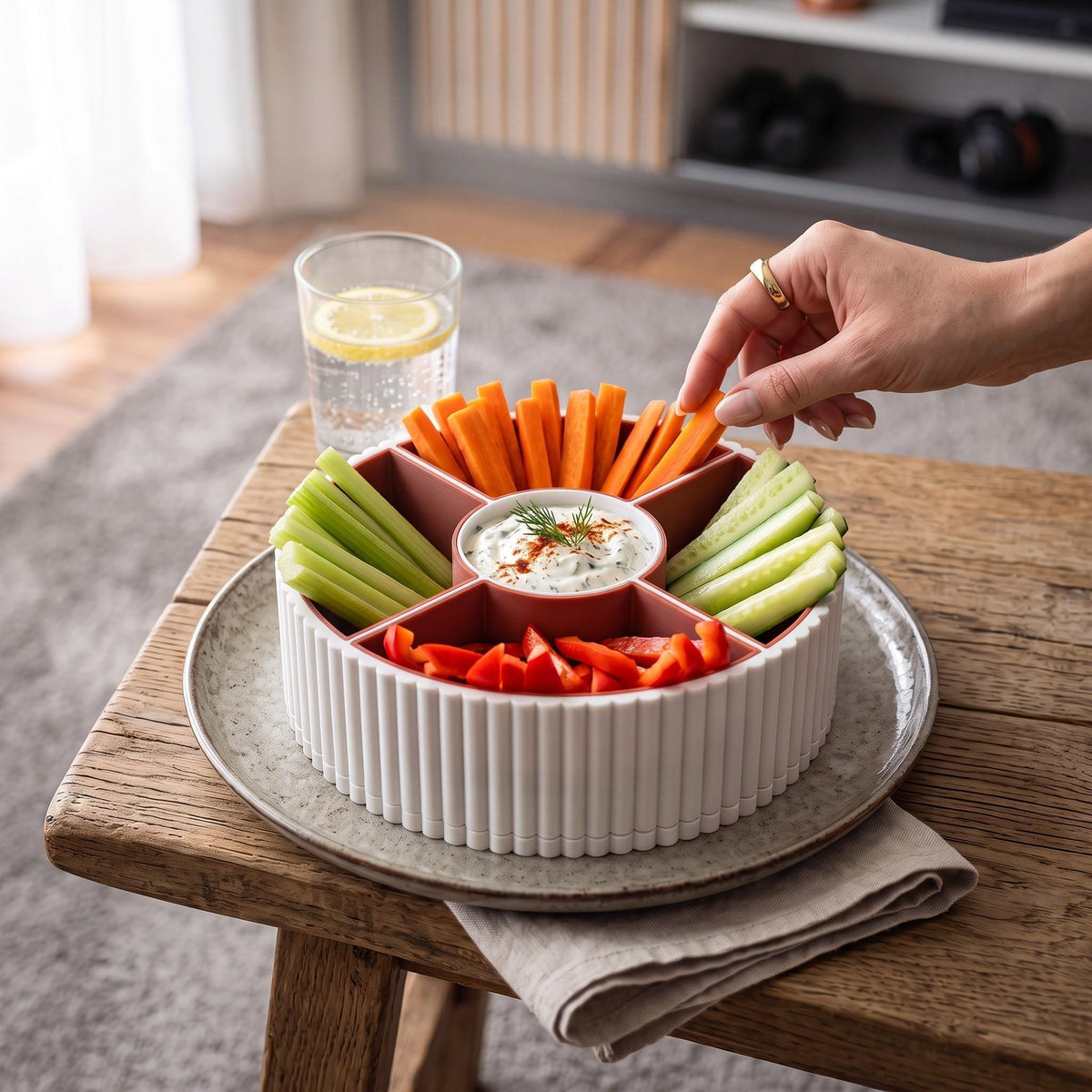 360 Rotating Ribbed Snack Tray, 4 Removable Bowls, Modern Organizer (3D Printed)