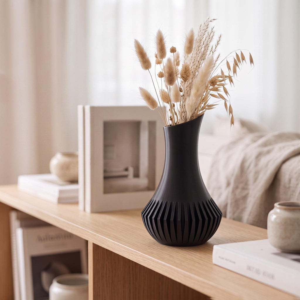 3D Printed Black Minimalist Vase, Modern Sculptural Home Décor (21.7cm)