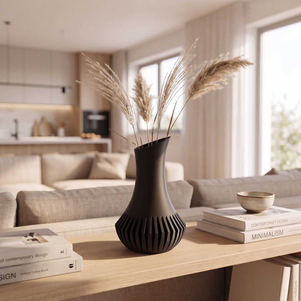 3D Printed Black Minimalist Vase, Modern Sculptural Home Décor (21.7cm)