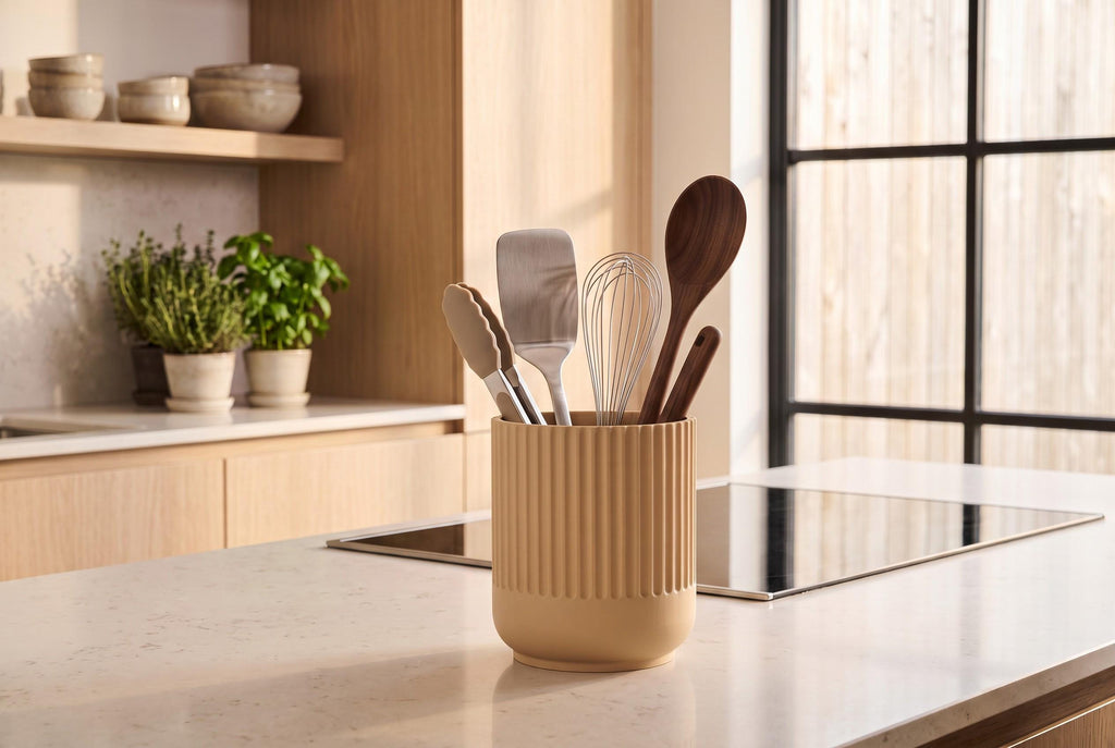 Japandi Kitchen Utensil Holder, 3D Printed PLA Countertop Caddy, Modern Kitchen Organizer