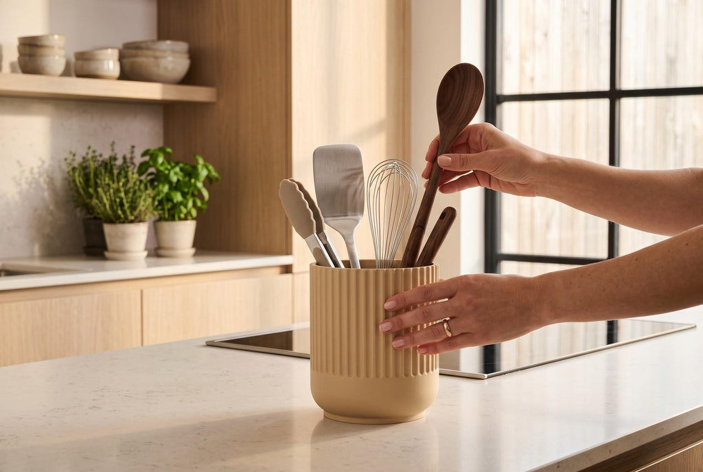 Japandi Kitchen Utensil Holder, 3D Printed PLA Countertop Caddy, Modern Kitchen Organizer