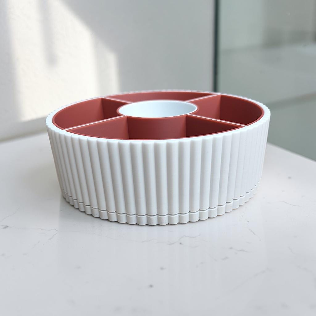 360 Rotating Ribbed Snack Tray, 4 Removable Bowls, Modern Organizer (3D Printed)