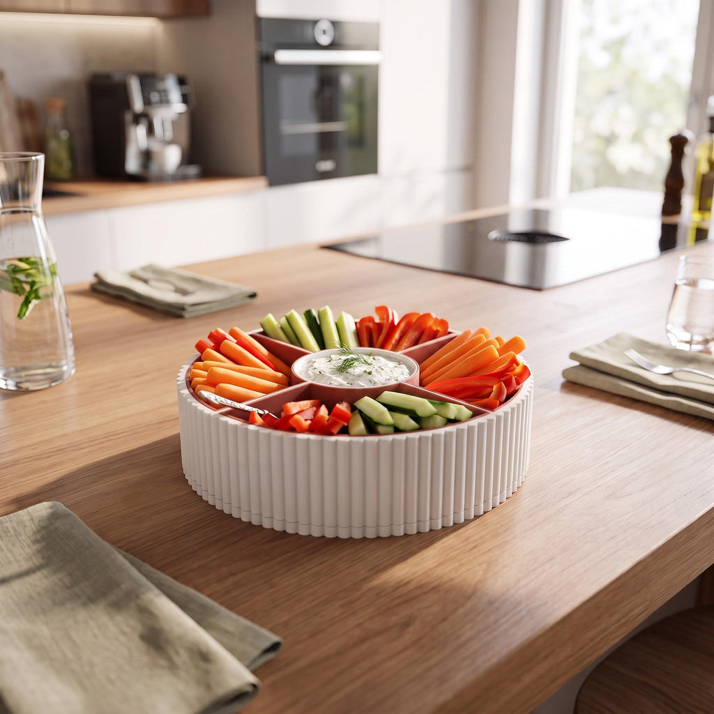 360 Rotating Ribbed Snack Tray, 4 Removable Bowls, Modern Organizer (3D Printed)