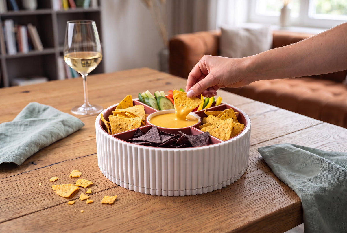360 Rotating Ribbed Snack Tray, 4 Removable Bowls, Modern Organizer (3D Printed)
