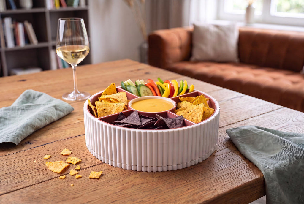 360 Rotating Ribbed Snack Tray, 4 Removable Bowls, Modern Organizer (3D Printed)