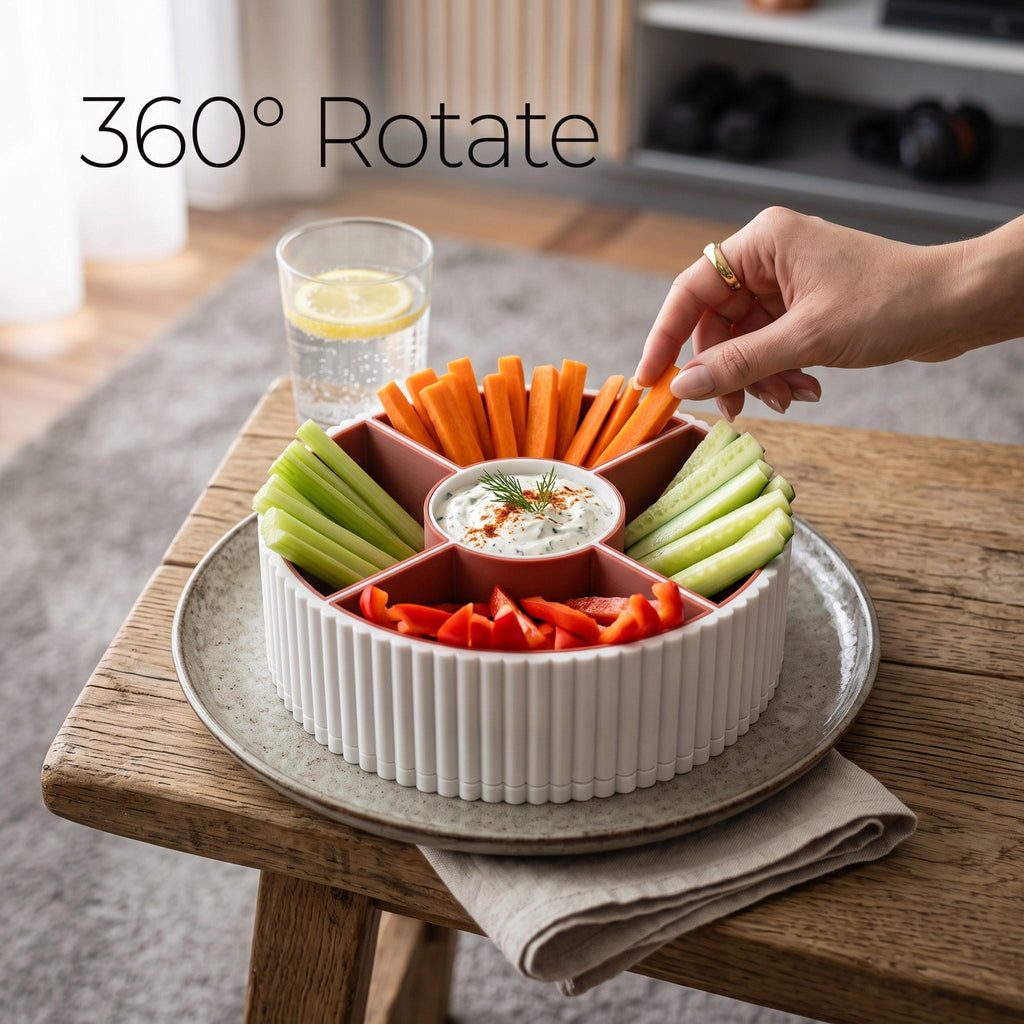 360 Rotating Ribbed Snack Tray, 4 Removable Bowls, Modern Organizer (3D Printed)