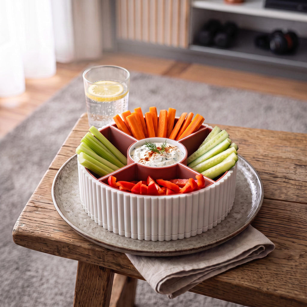 360 Rotating Ribbed Snack Tray, 4 Removable Bowls, Modern Organizer (3D Printed)