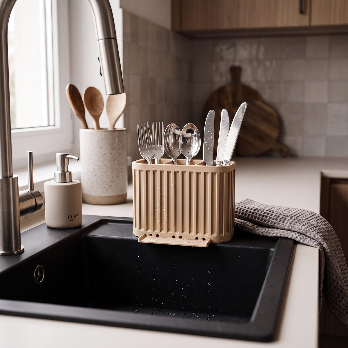 3-Compartment Japandi Cutlery Drainer, 3D Printed Sink Organizer (14x10x9cm)