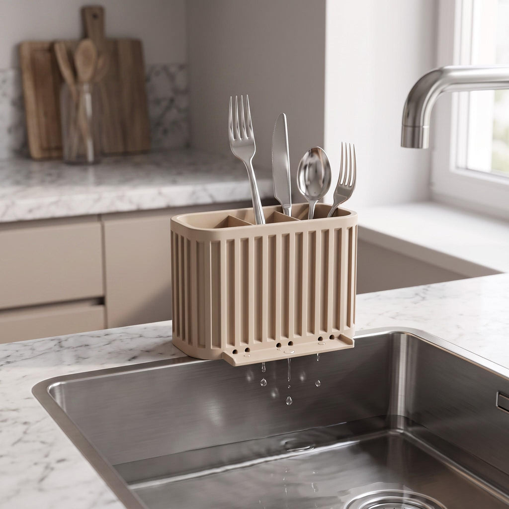 3-Compartment Japandi Cutlery Drainer, 3D Printed Sink Organizer (14x10x9cm)
