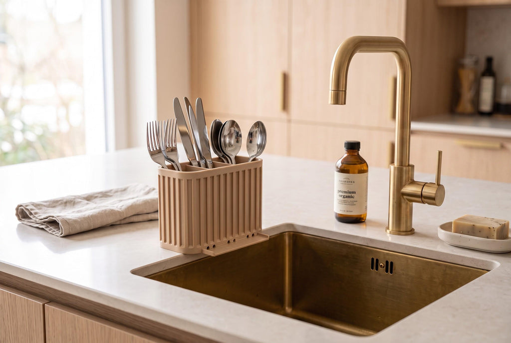 3-Compartment Japandi Cutlery Drainer, 3D Printed Sink Organizer (14x10x9cm)