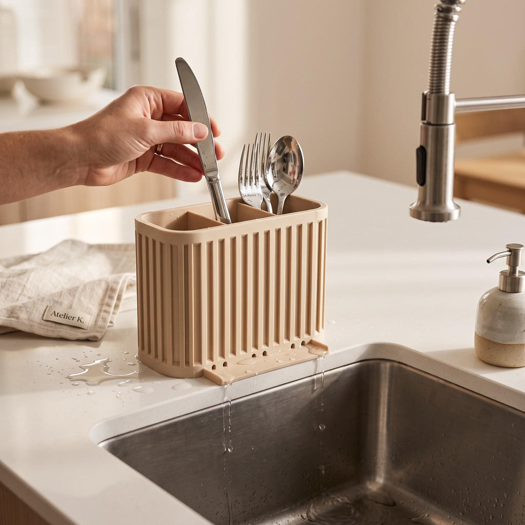 3-Compartment Japandi Cutlery Drainer, 3D Printed Sink Organizer (14x10x9cm)