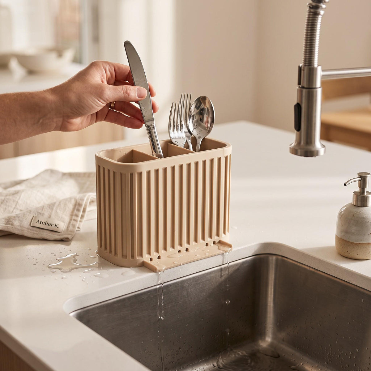3-Compartment Japandi Cutlery Drainer, 3D Printed Sink Organizer (14x10x9cm)