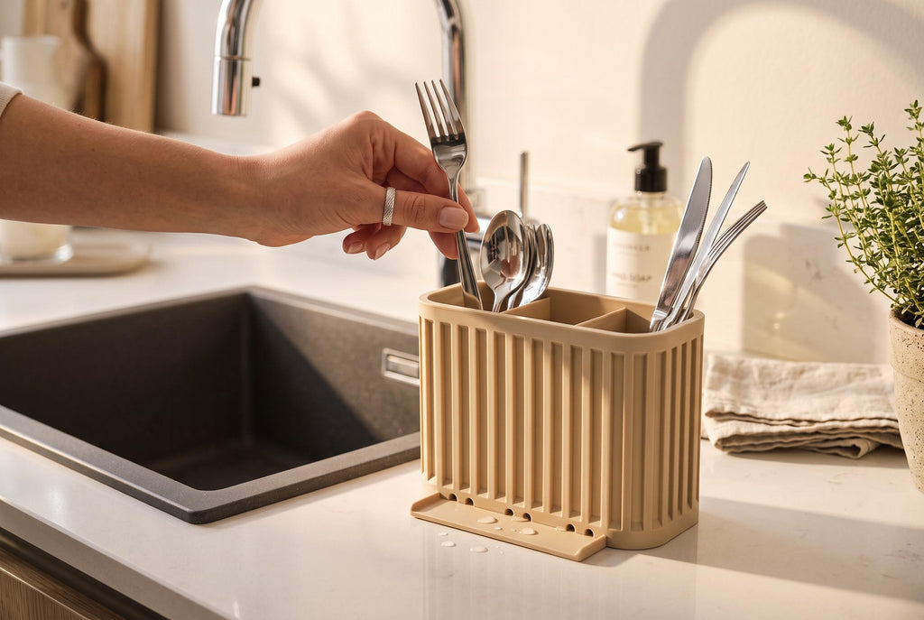 3-Compartment Japandi Cutlery Drainer, 3D Printed Sink Organizer (14x10x9cm)