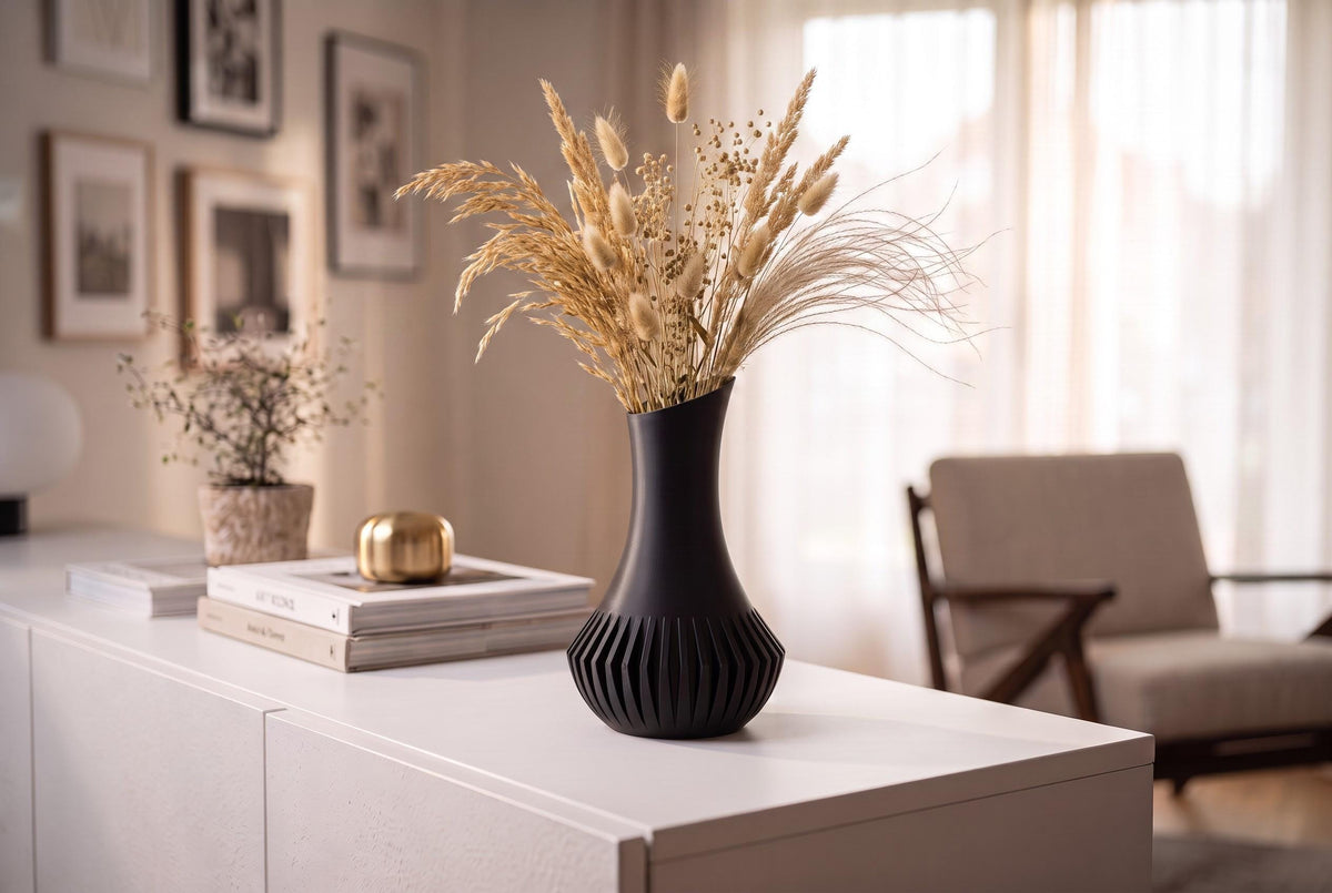 3D Printed Black Minimalist Vase, Modern Sculptural Home Décor (21.7cm)