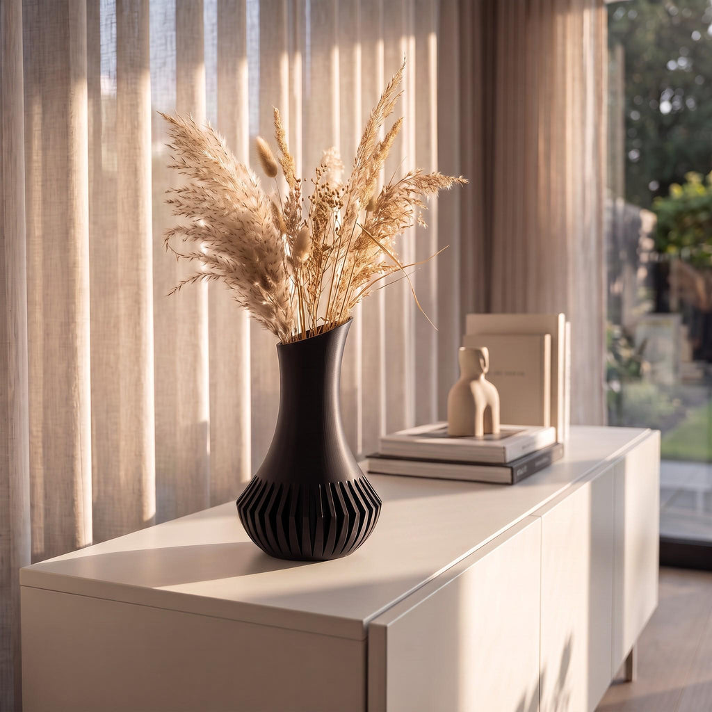 3D Printed Black Minimalist Vase, Modern Sculptural Home Décor (21.7cm)