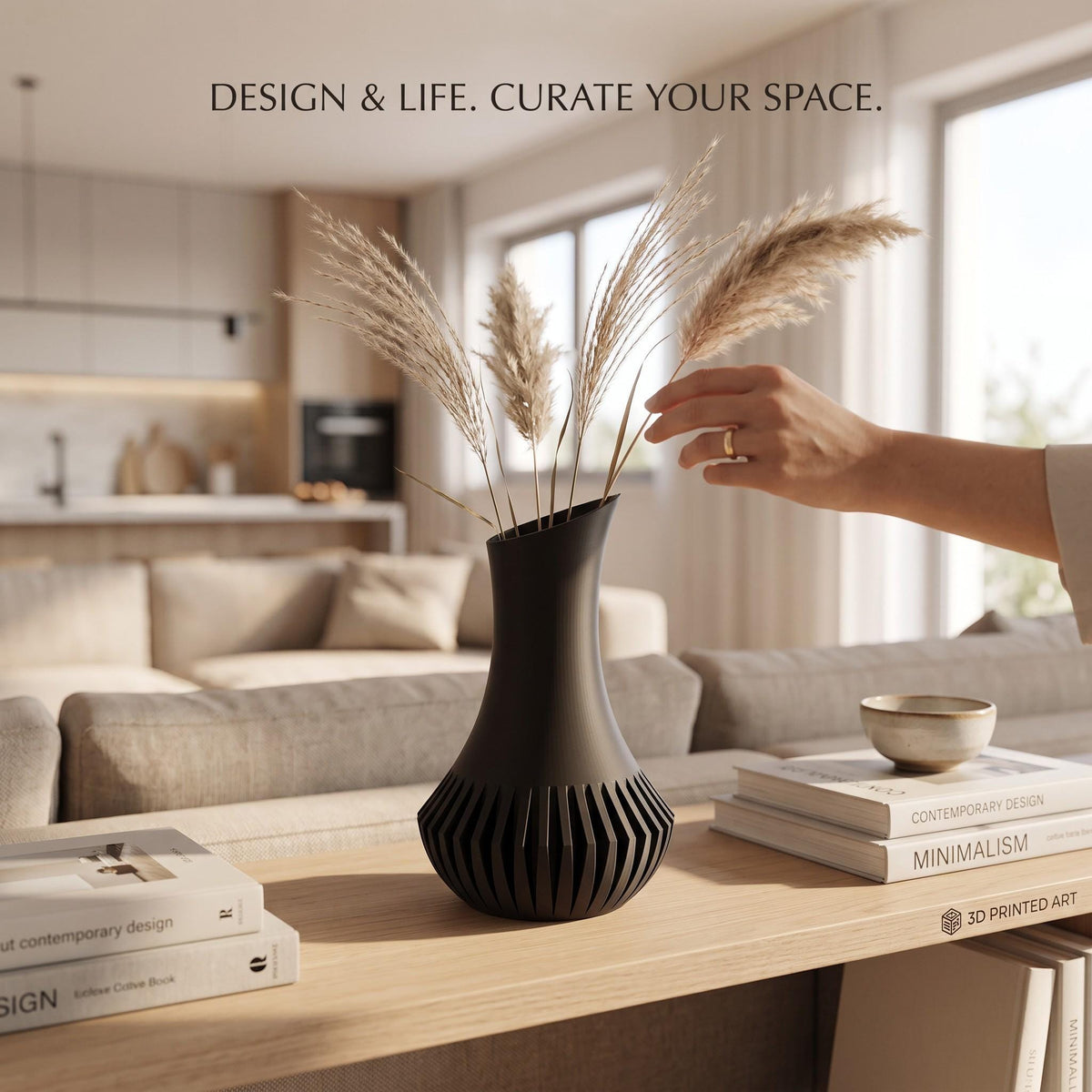 3D Printed Black Minimalist Vase, Modern Sculptural Home Décor (21.7cm)
